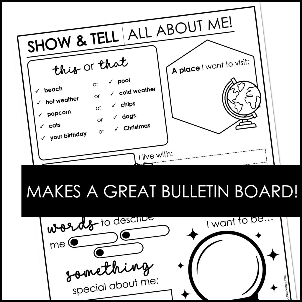 ABOUT ME - Back to School Show and Tell Student Introduction Worksheets - Hot Chocolate Teachables
