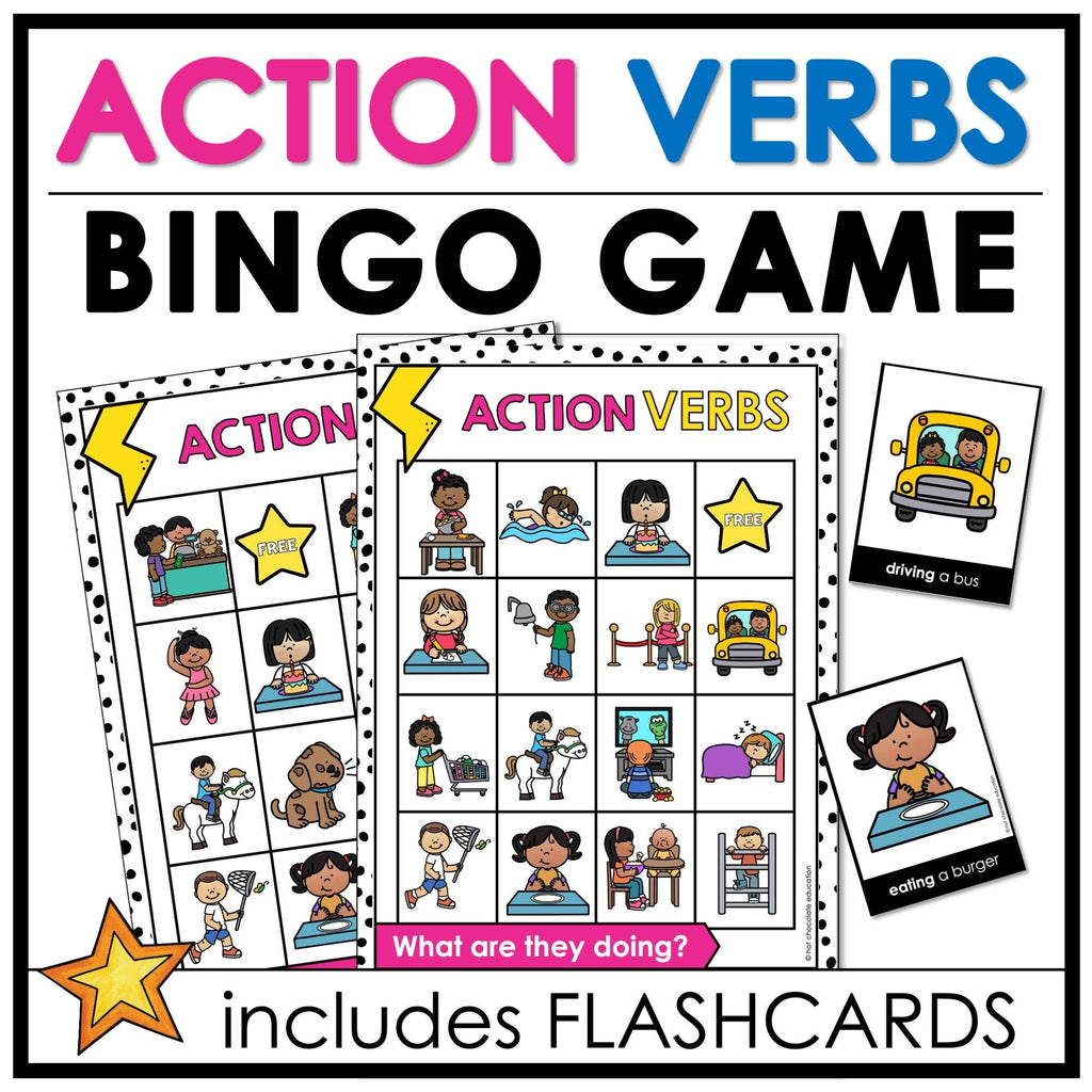 Action Verb Bingo Game - Classroom Present Tense Verb Activity & Flashcards - Hot Chocolate Teachables