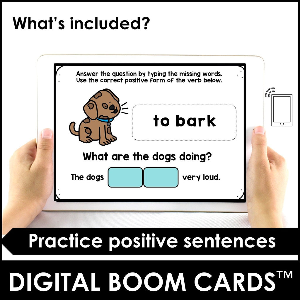 Action Verb BOOM CARDS - Sentence Building Present Progressive Tense Digital Task Cards - Hot Chocolate Teachables