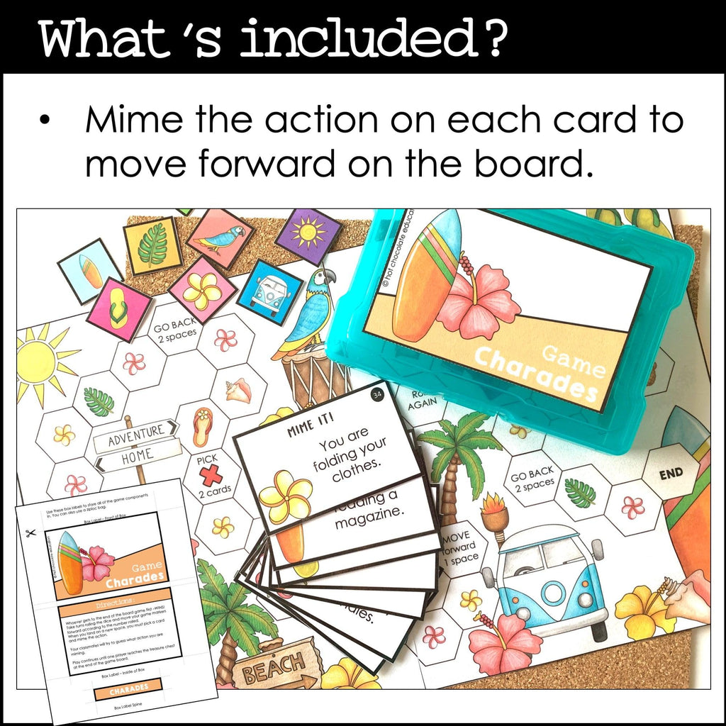 Action Verb Charades | Present Continuous Tense Miming Board Game - Hot Chocolate Teachables