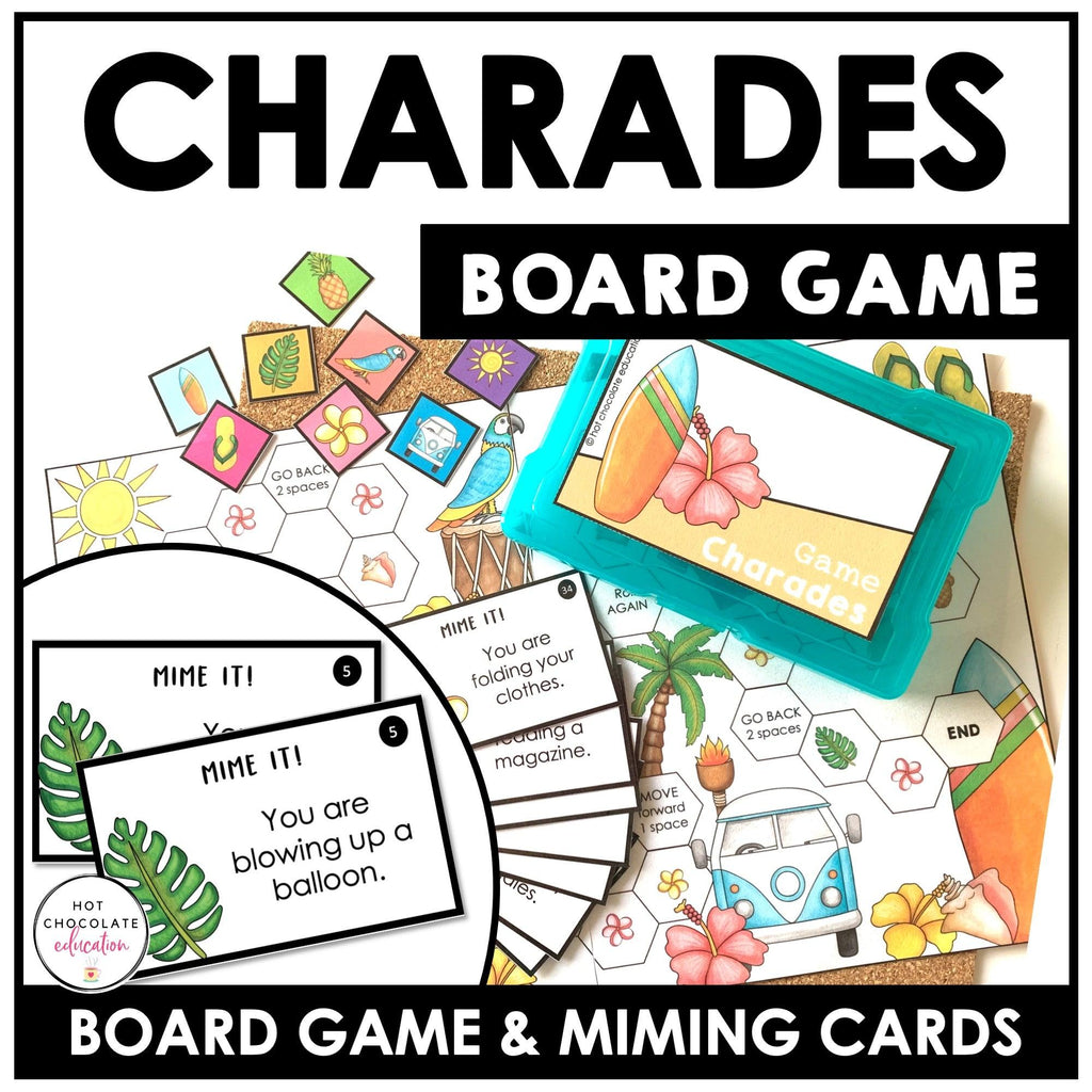 Action Verb Charades | Present Continuous Tense Miming Board Game - Hot Chocolate Teachables