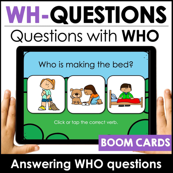 Action Verb Identification BOOM CARDS™ - Answering WHO questions - Hot Chocolate Teachables