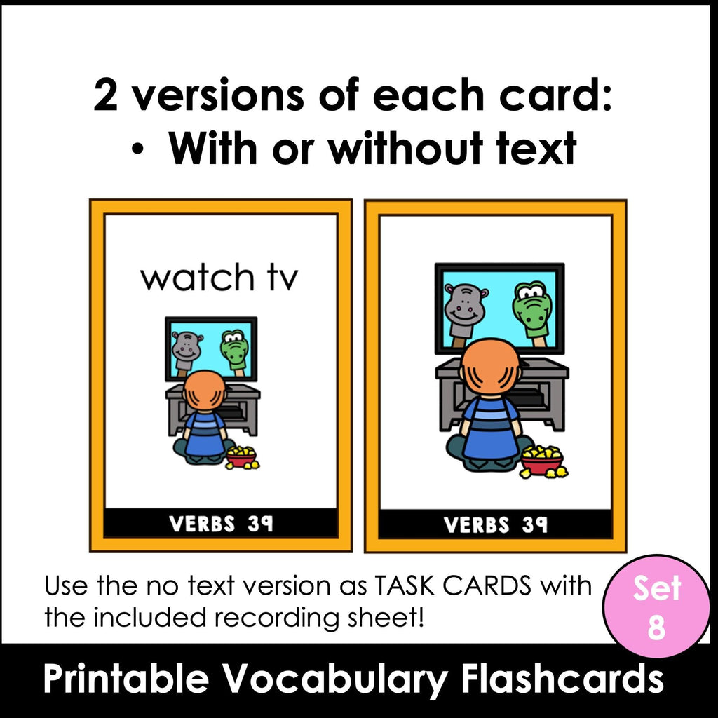 Action Verb Vocabulary Flashcards for ESL | Verb Cards with and without text - Hot Chocolate Teachables