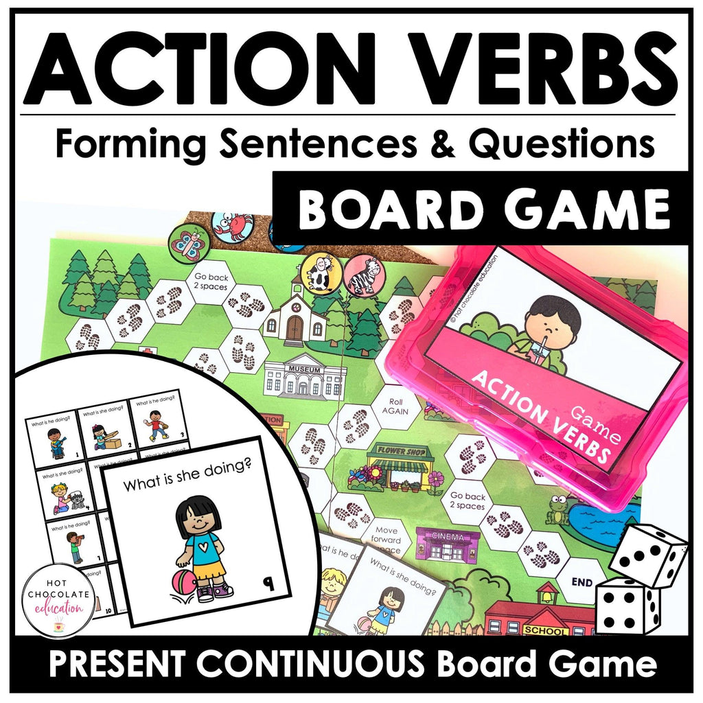 Action Verbs Board Game - Present Continuous - Making Sentences & Questions - Hot Chocolate Teachables