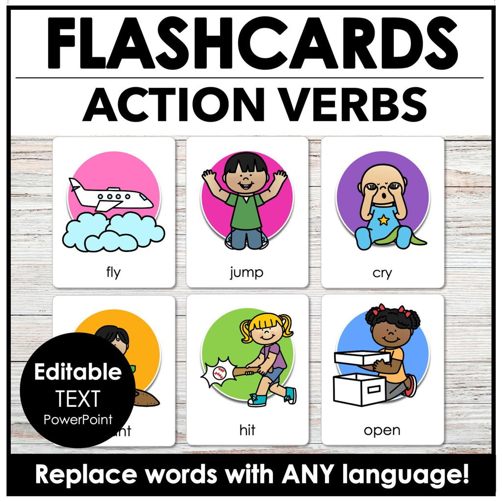 Action Verbs Flashcards | Editable Verb Activity Cards for ESL EFL ELA - Hot Chocolate Teachables