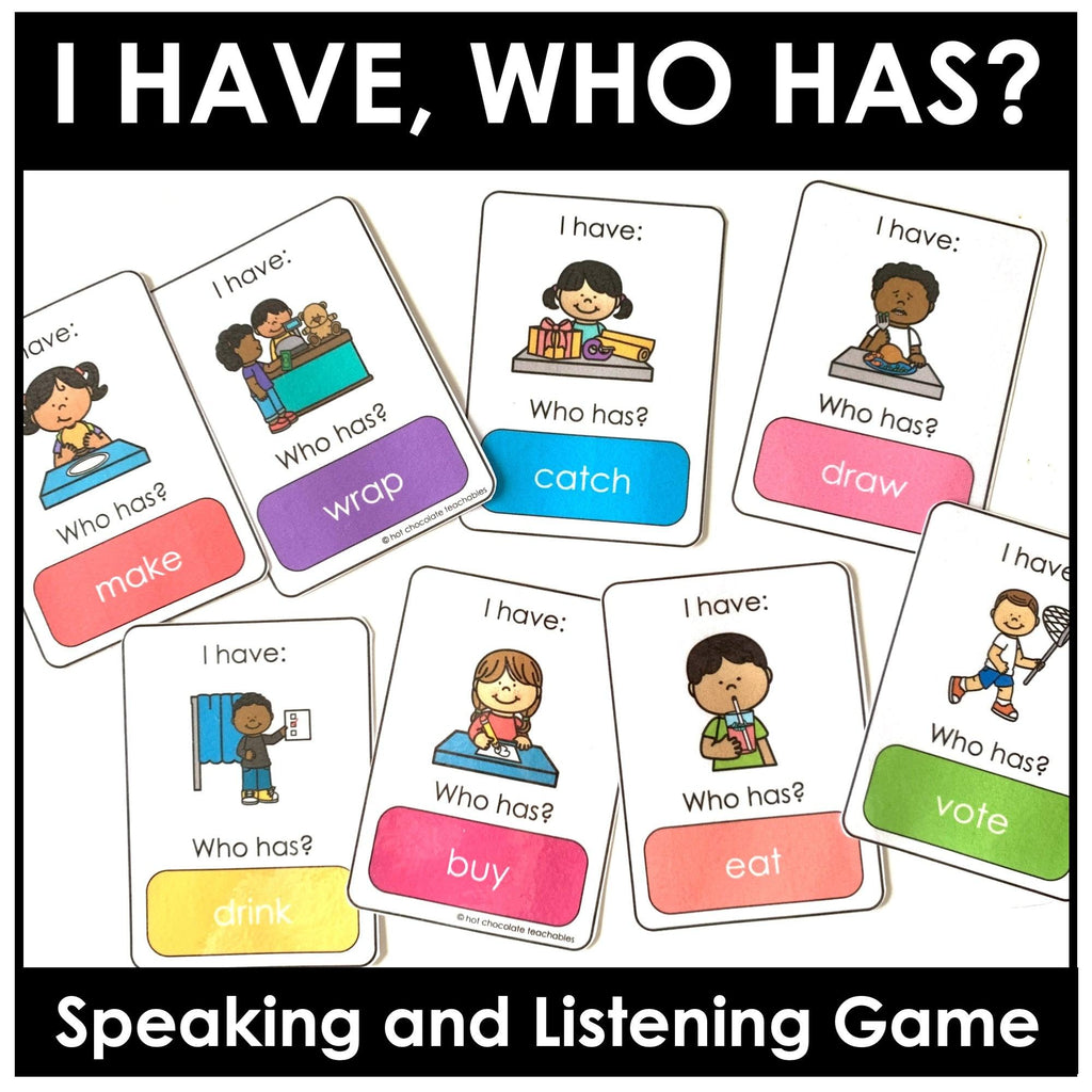 Action Verbs - I have, Who has? Card Game for ESL / EFL /ELL - Hot Chocolate Teachables
