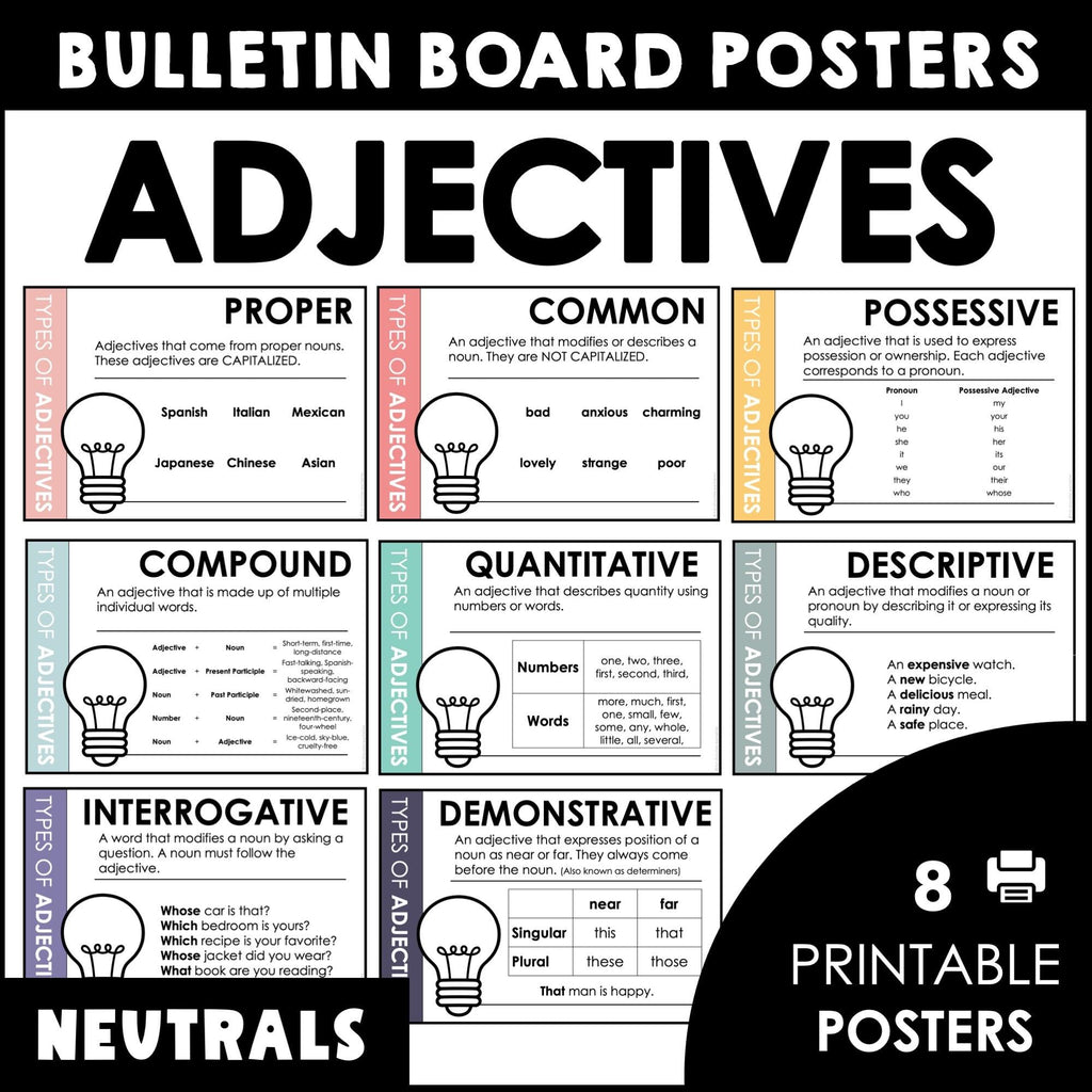 Adjective Types Bulletin Board Posters (Neutral) - Hot Chocolate Teachables