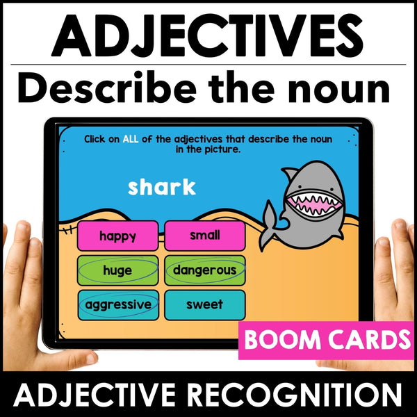 Adjectives: Describe the noun! BOOM CARDS – Interactive Digital Task Cards - Hot Chocolate Teachables