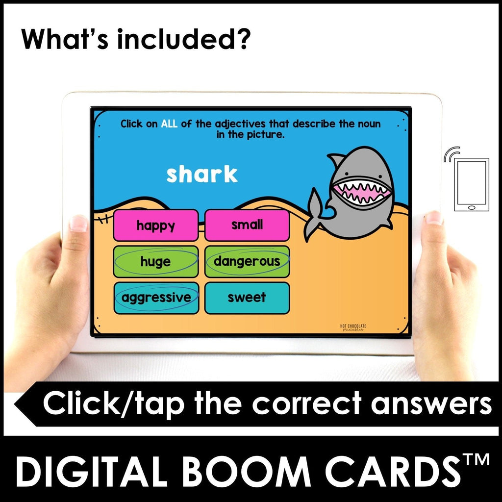 Adjectives: Describe the noun! BOOM CARDS – Interactive Digital Task Cards - Hot Chocolate Teachables