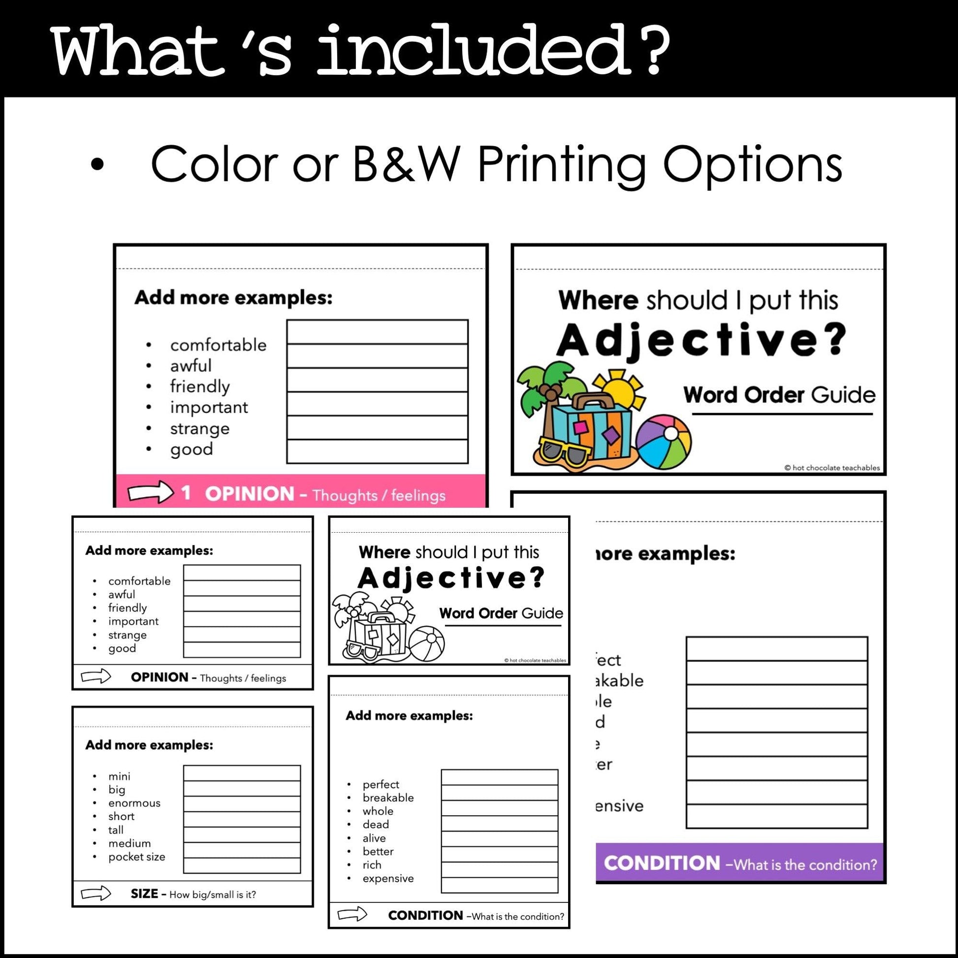 Adjectives Flap Book - Adjective Word Order in Sentences Reference Guide - Hot Chocolate Teachables