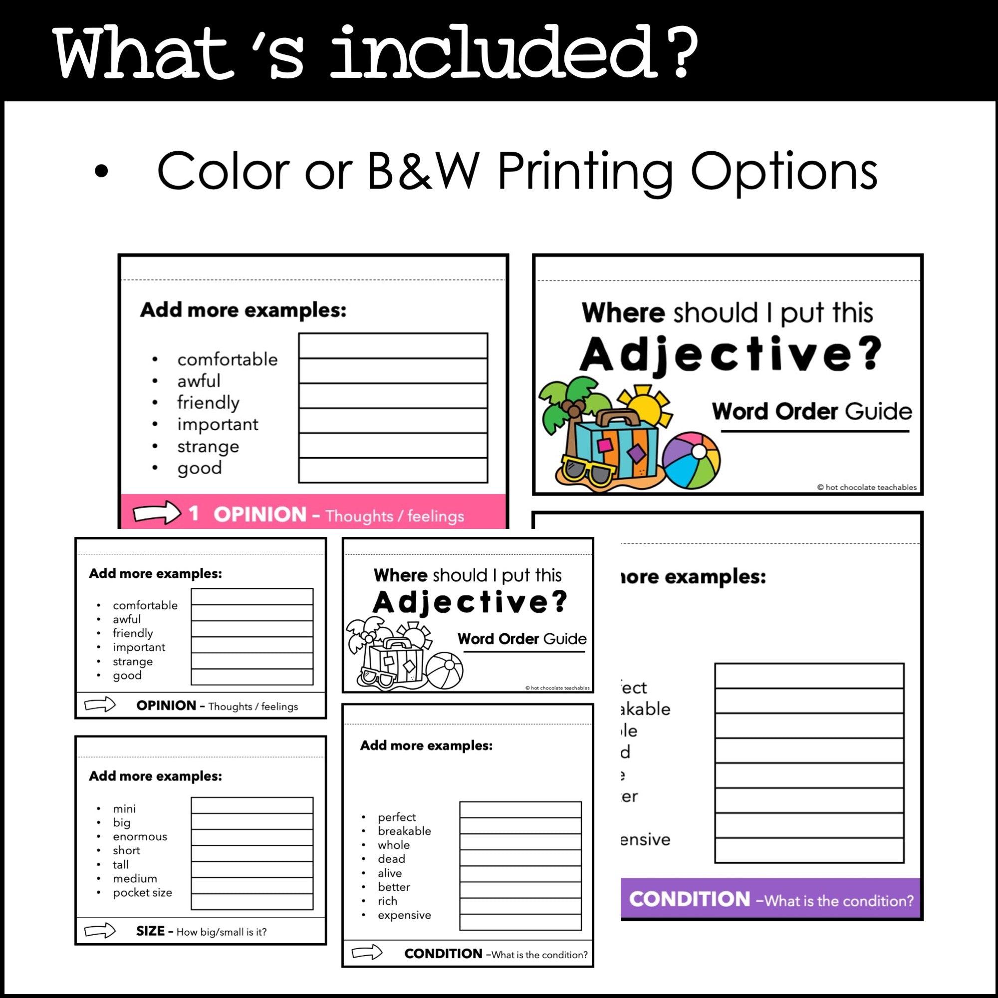 Adjectives Flap Book - Adjective Word Order in Sentences Reference Guide - Hot Chocolate Teachables