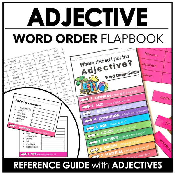 Adjectives Flap Book - Adjective Word Order in Sentences Reference Guide - Hot Chocolate Teachables