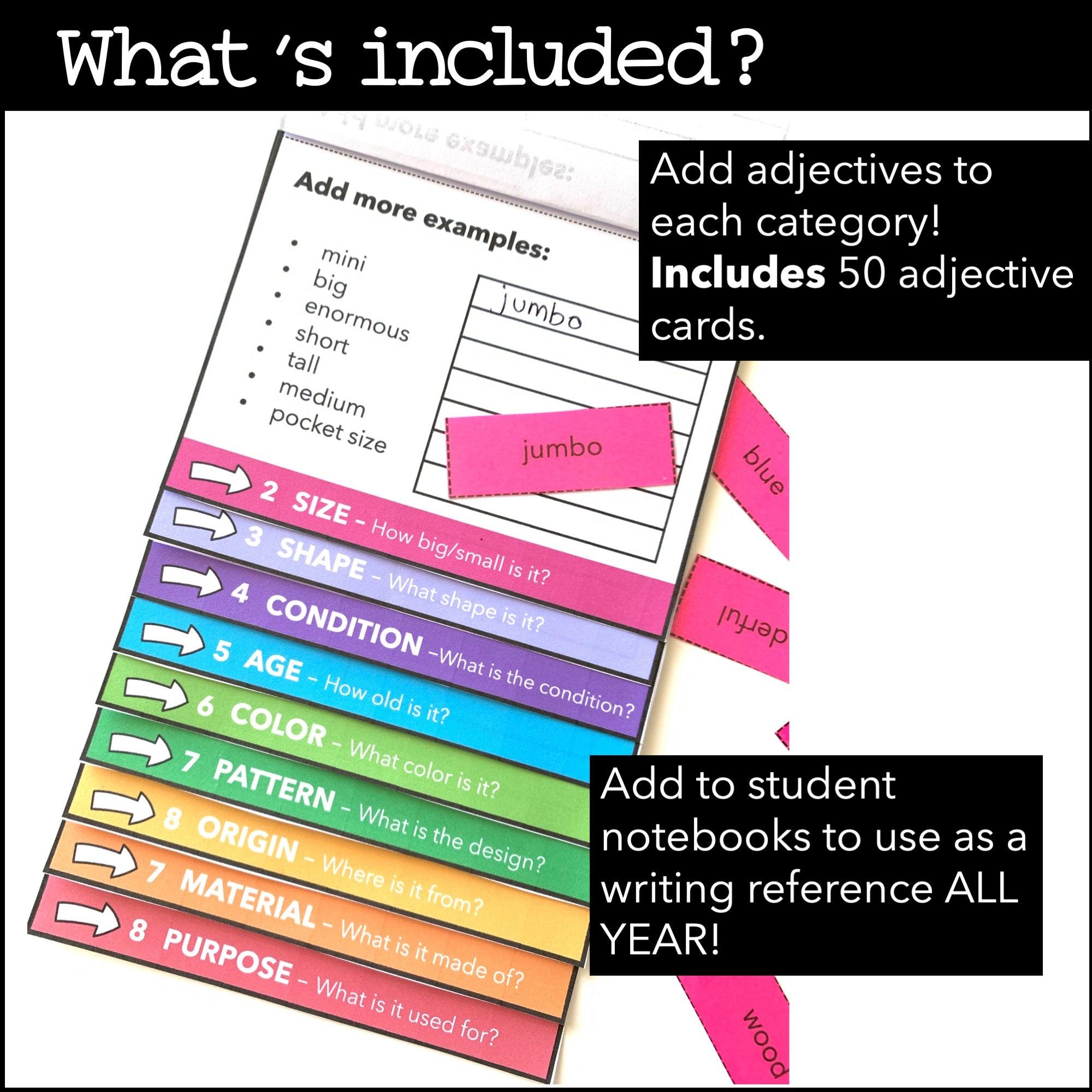 Adjectives Flap Book - Adjective Word Order in Sentences Reference Guide - Hot Chocolate Teachables