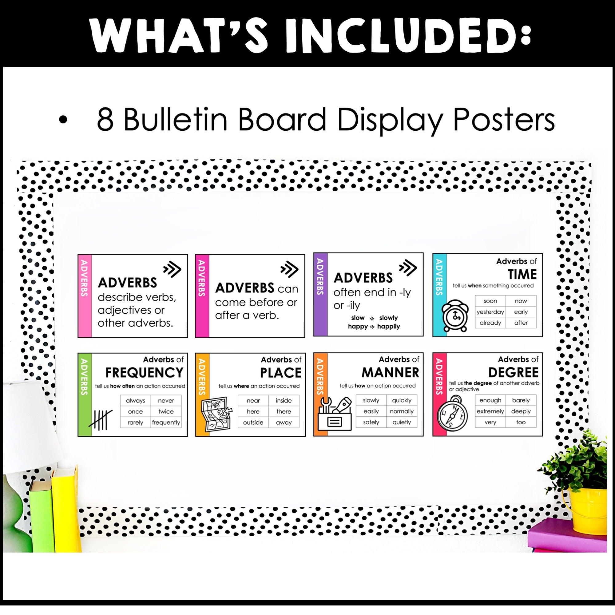 Adverb Grammar Poster Pack - Types of Adverbs Bulletin Board Posters - Hot Chocolate Teachables