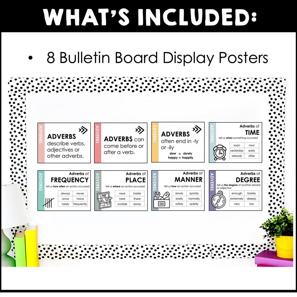 Adverb Grammar Poster Set - Types of Adverbs Bulletin Board Posters - Neutrals - Hot Chocolate Teachables