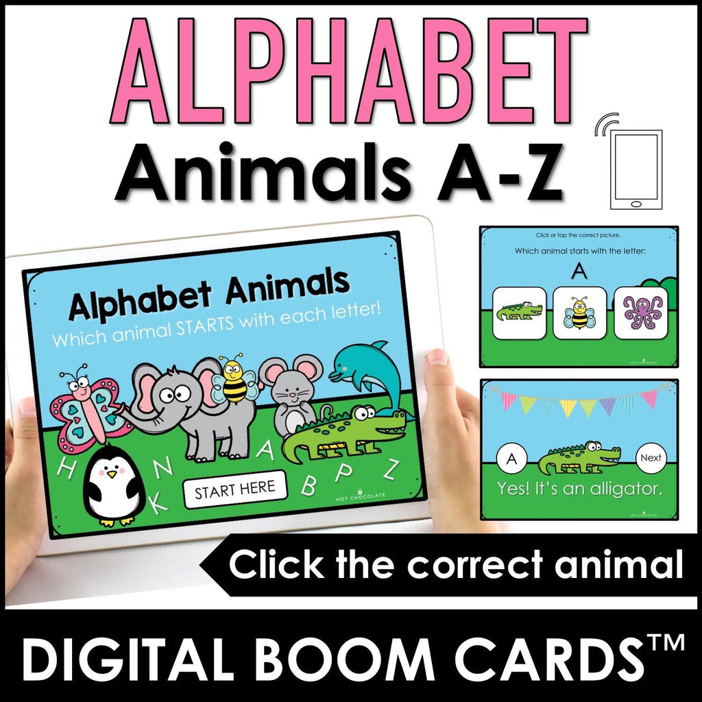 Alphabet Animals BOOM CARDS™ Vocabulary Digital Task Cards - Hot Chocolate Teachables