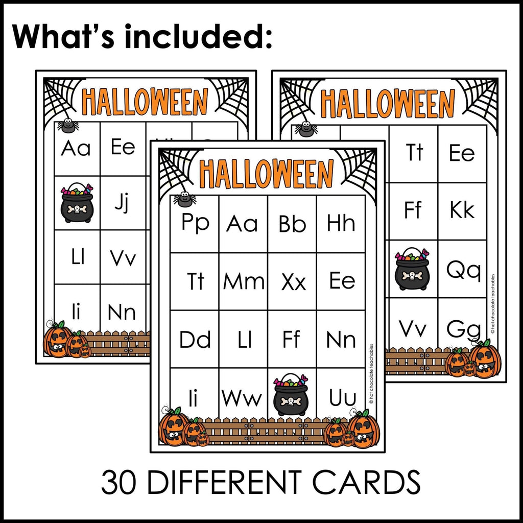 Alphabet Letters Bingo Bundle : Digital & Print - Halloween Theme Game Boards - Hot Chocolate Teachables