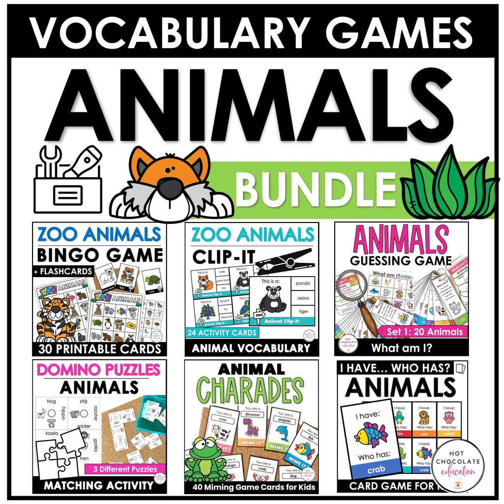 Animal Vocabulary Activity & Games BUNDLE for ESL - Hot Chocolate Teachables