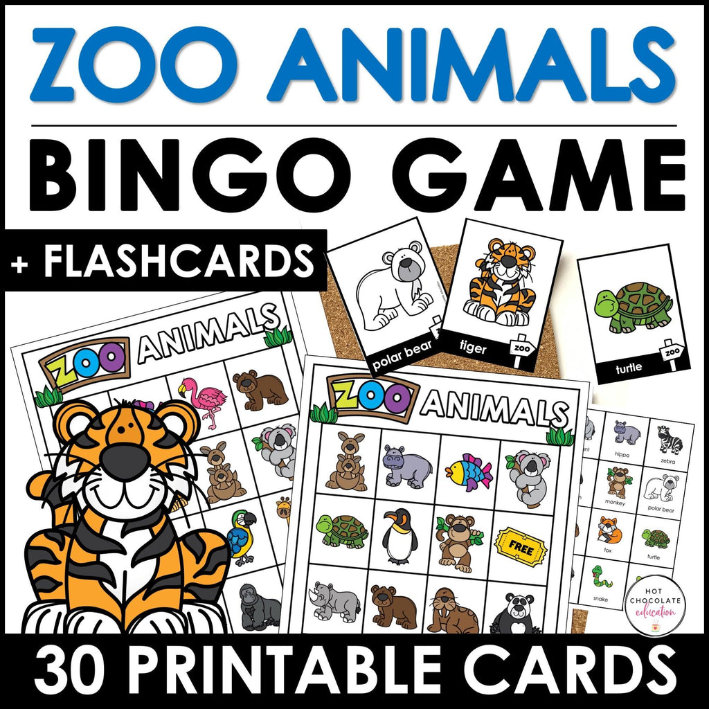 Animal Vocabulary Bingo Game with Flashcards - Hot Chocolate Teachables