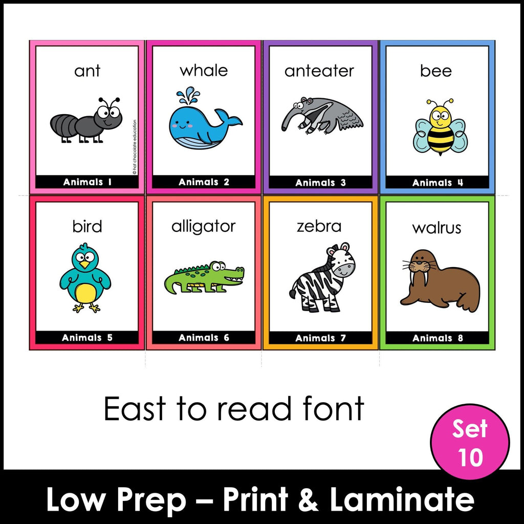 Animal Vocabulary Flash cards | ESL Task Cards - Zoo, Pets, Insects, Marine - Hot Chocolate Teachables