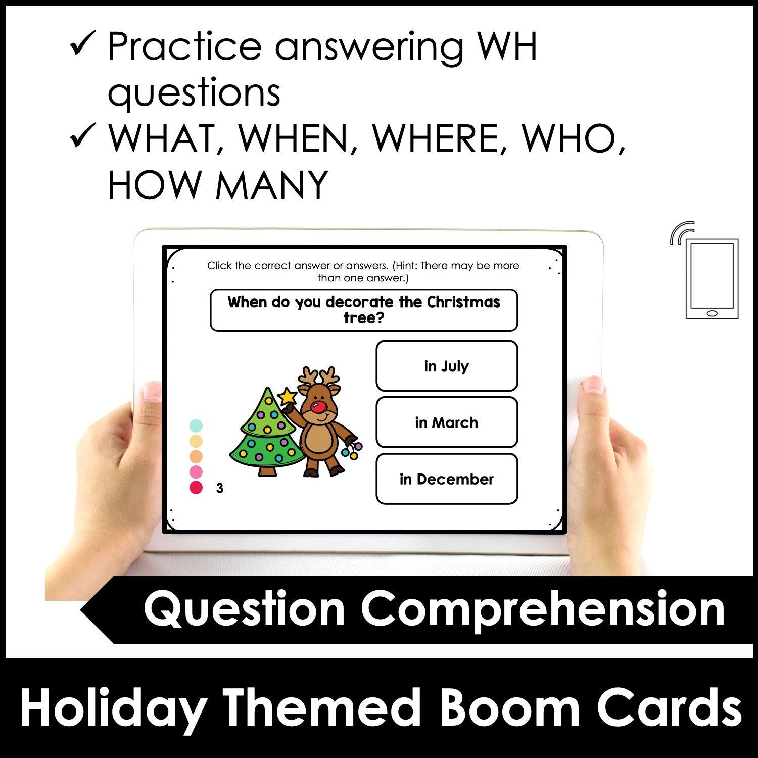 Answering WH Questions | Christmas Boom Cards - Hot Chocolate Teachables