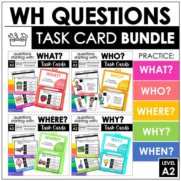 Answering WH Questions | Comprehension Task Card Bundle | What, When, Who, Why - Hot Chocolate Teachables