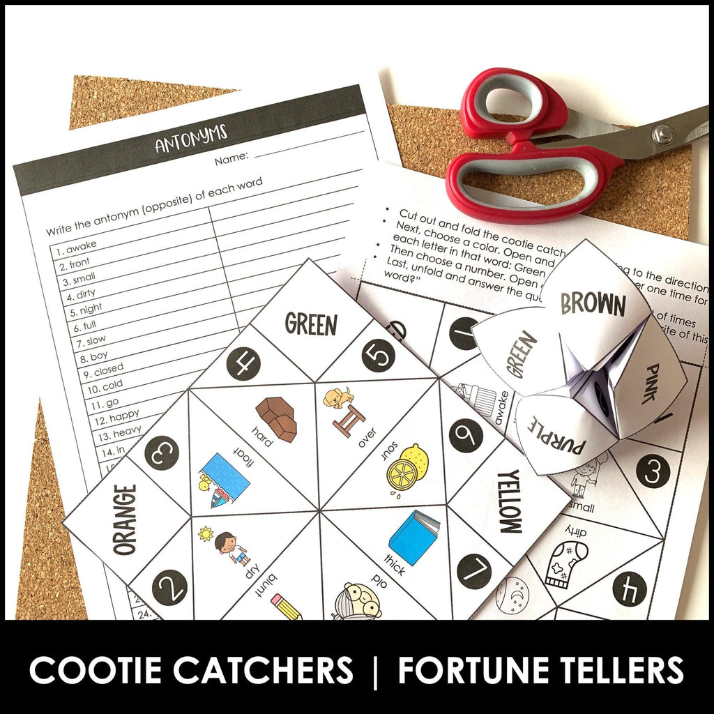 Antonyms Activity : What's the Opposite? Cootie Catcher - Fortune Tellers - Hot Chocolate Teachables