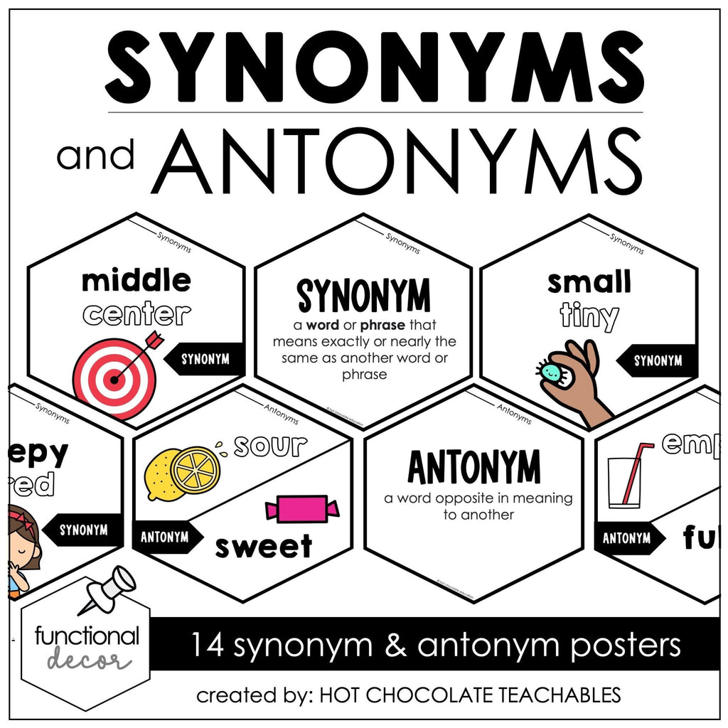 Antonyms & Synonyms Grammar Bulletin Board Posters - Hot Chocolate Teachables
