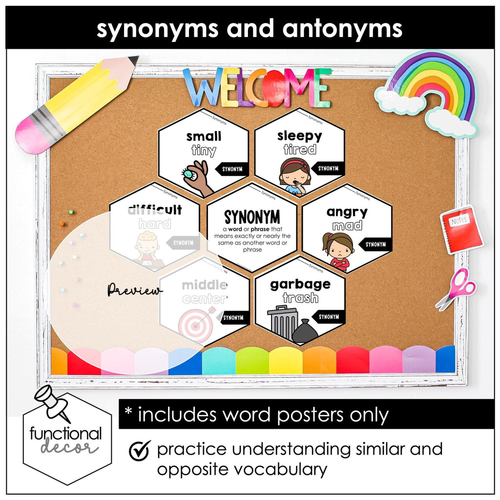 Antonyms & Synonyms Grammar Bulletin Board Posters - Hot Chocolate Teachables