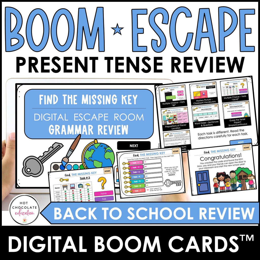 Back to School Grammar Digital Escape - Present Tense - Boom Cards™ - Hot Chocolate Teachables