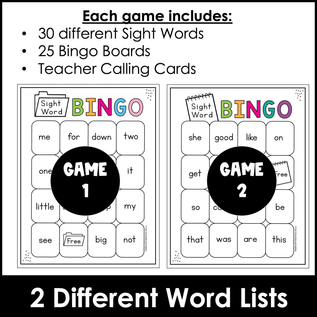 Beginning Sight Words - 2 Game Bingo Set - Hot Chocolate Teachables