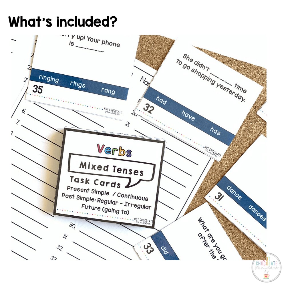 Choose a Verb Tense Task Cards: Present Simple & Continuous, Past Simple, Future - Hot Chocolate Teachables