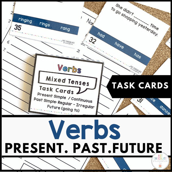 Choose a Verb Tense Task Cards: Present Simple & Continuous, Past Simple, Future - Hot Chocolate Teachables
