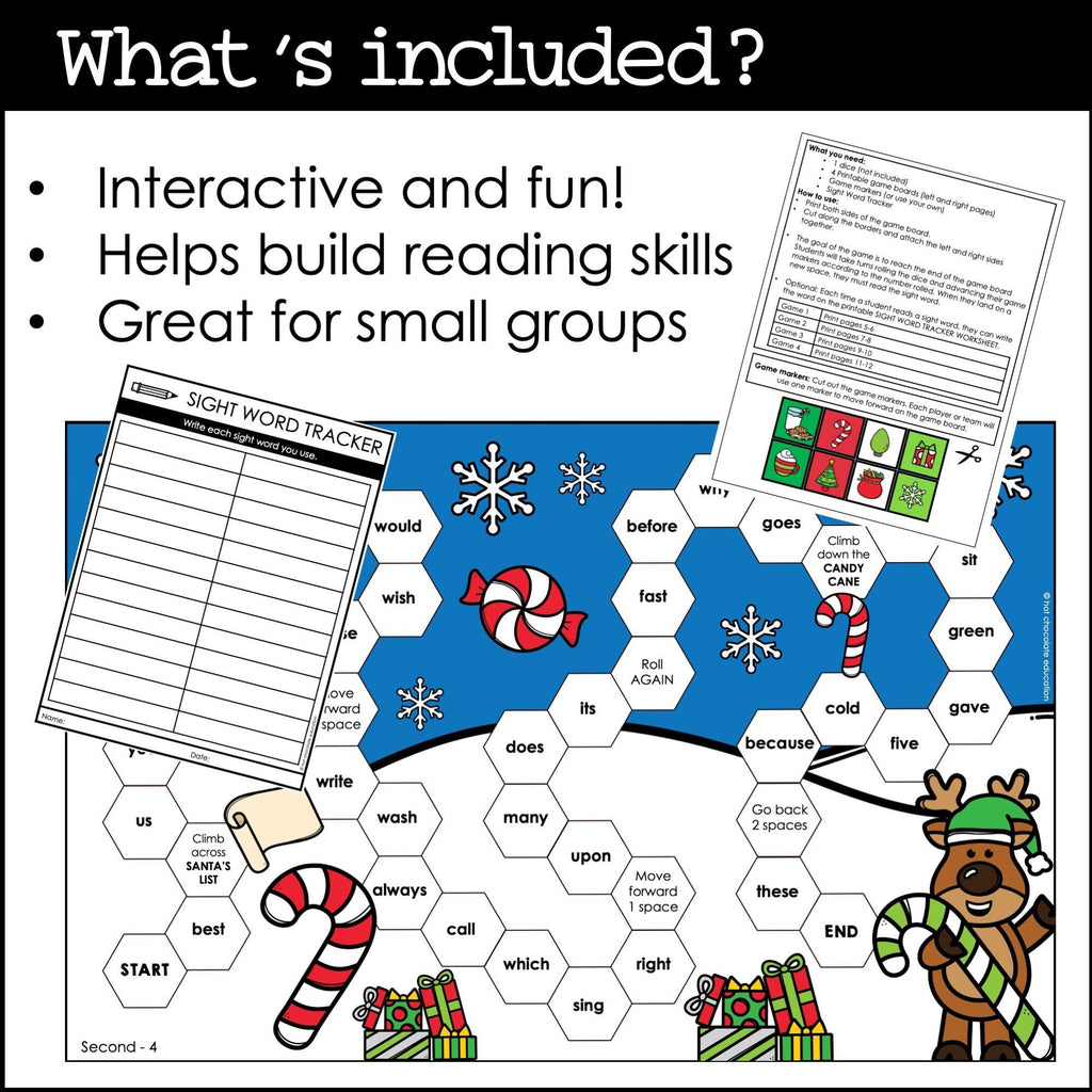 CHRISTMAS 2nd GRADE Sight Word Board Games - Dolch Aligned Words - Hot Chocolate Teachables