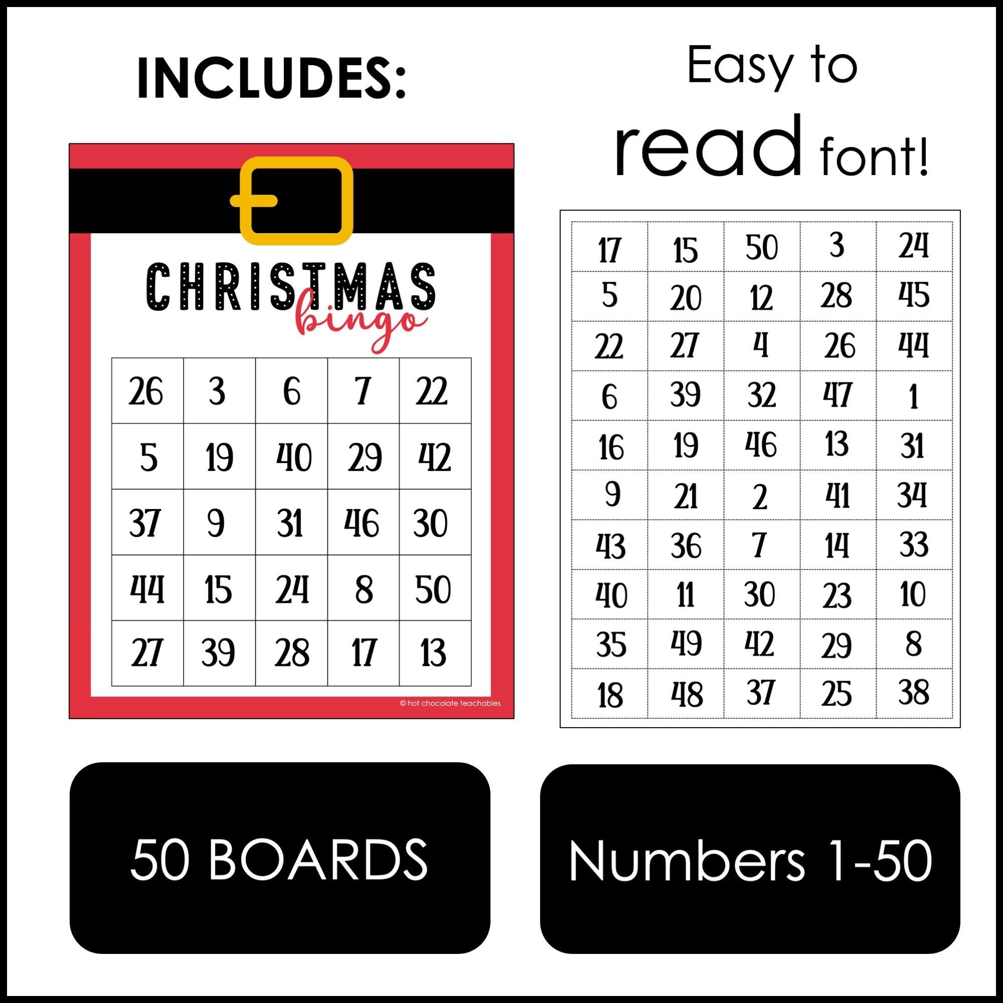 christmas bingo game – numbers 1–50 printable holiday activity
