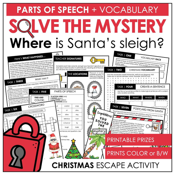 Christmas Escape Room - Vocabulary - Comprehension - Parts of Speech - ELL / ESL - Hot Chocolate Teachables