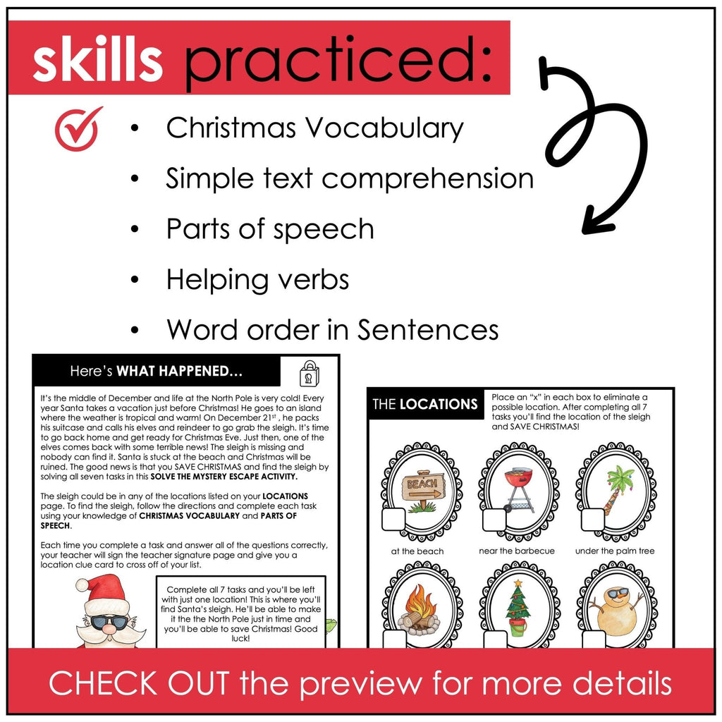 Christmas Escape Room - Vocabulary - Comprehension - Parts of Speech - ELL / ESL - Hot Chocolate Teachables