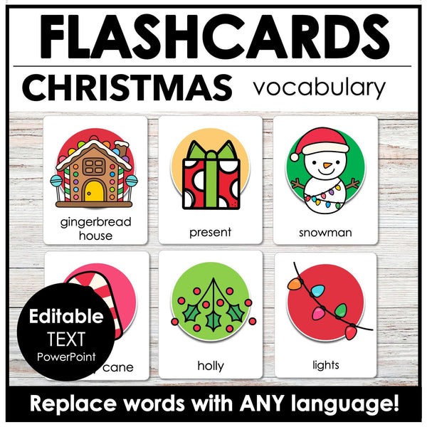 CHRISTMAS Flashcards - Vocabulary Flash Cards for ESL EFL ELA - Editable Text - Hot Chocolate Teachables