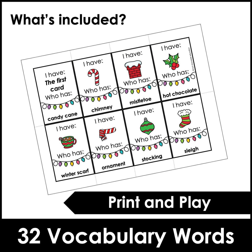 Christmas - I have - Who has? Vocabulary Building Card Game - Hot Chocolate Teachables