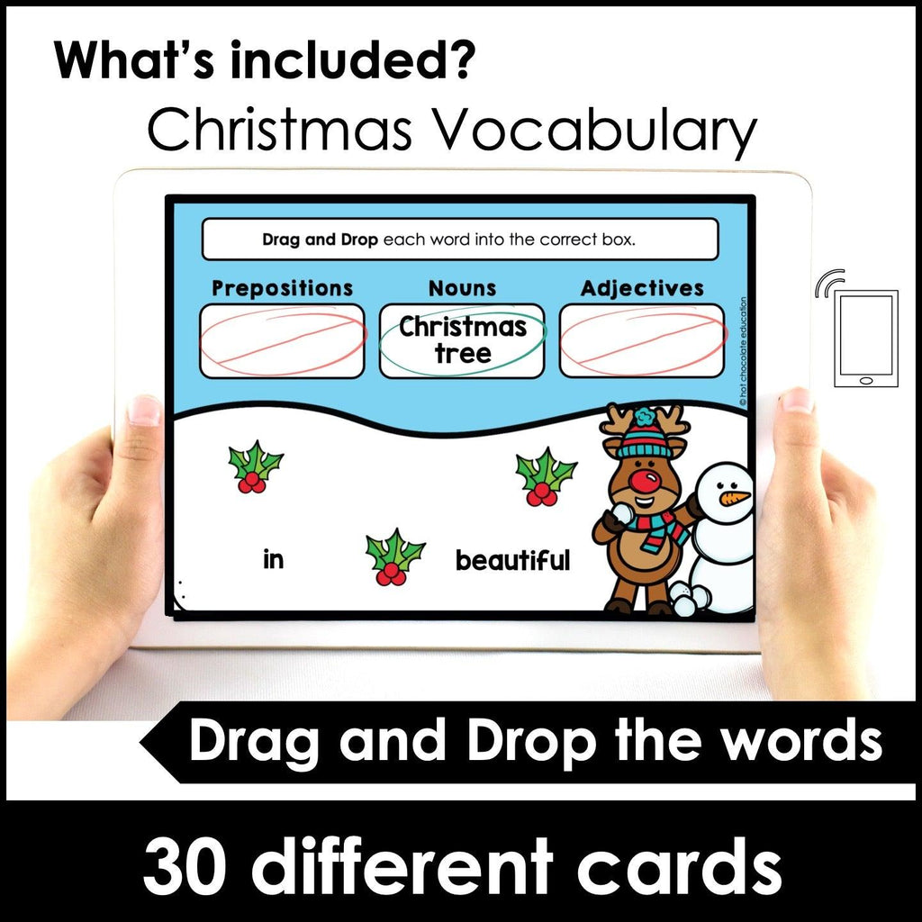 Christmas Parts of Speech Sort | Nouns - Adjectives - Prepositions Boom Cards - Hot Chocolate Teachables