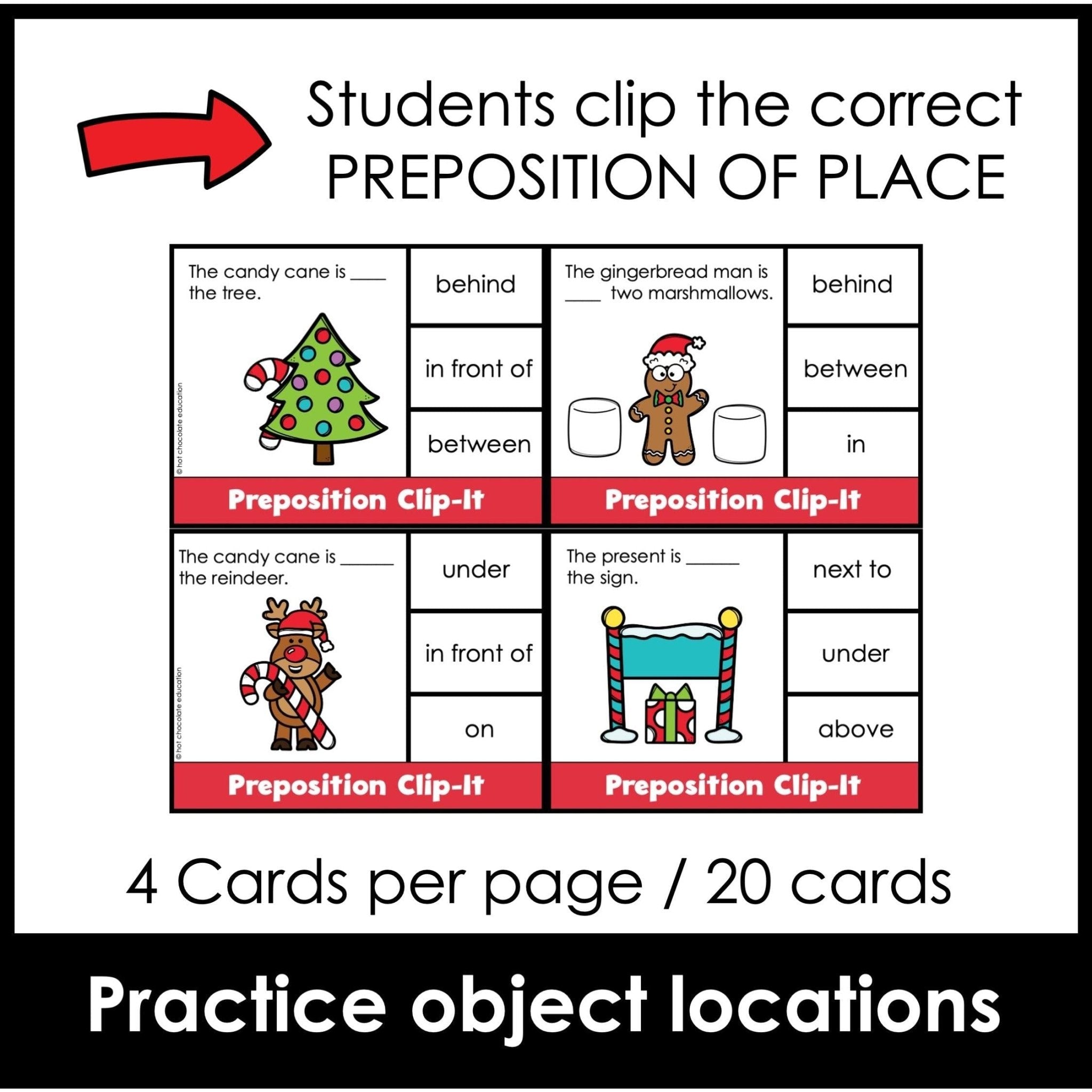 Christmas Prepositions of Location and Spatial Concepts Activity Cards - Hot Chocolate Teachables