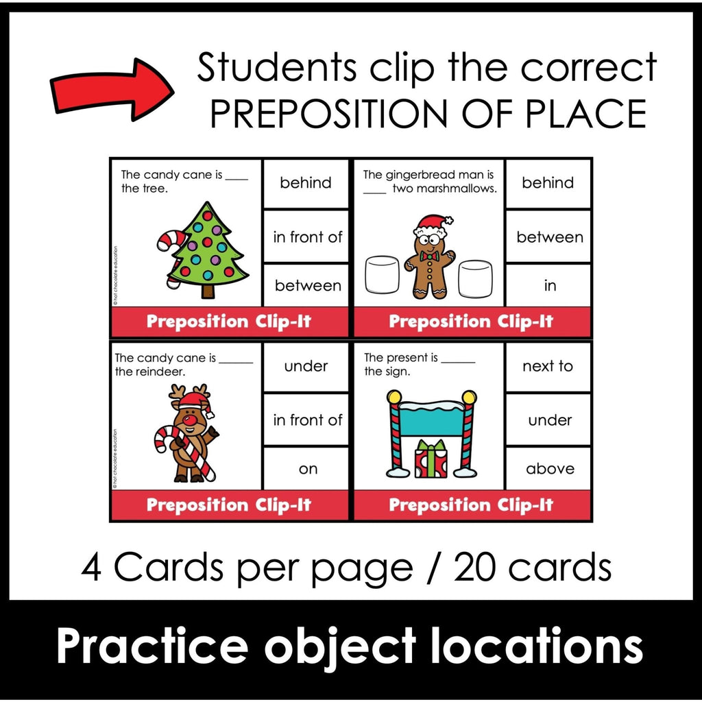 Christmas Prepositions of Location and Spatial Concepts Activity Cards - Hot Chocolate Teachables