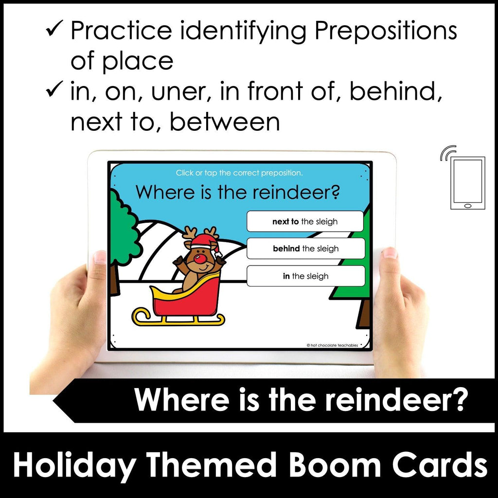Christmas - Prepositions of Place Boom Cards | Identifying positional words - Hot Chocolate Teachables