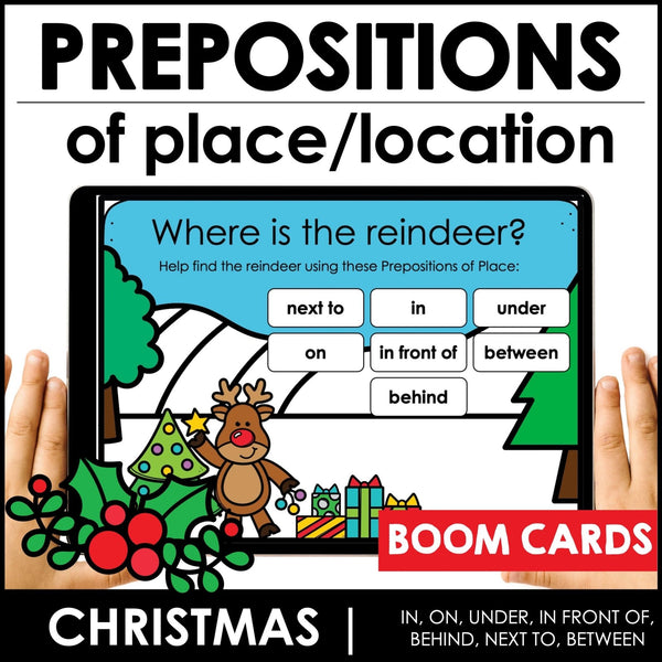Christmas - Prepositions of Place Boom Cards | Identifying positional words - Hot Chocolate Teachables