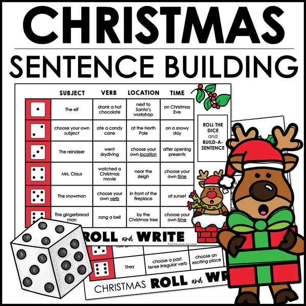 Christmas Sentence Building Roll and Write Activity - BUILD YOUR OWN SENTENCES - Hot Chocolate Teachables