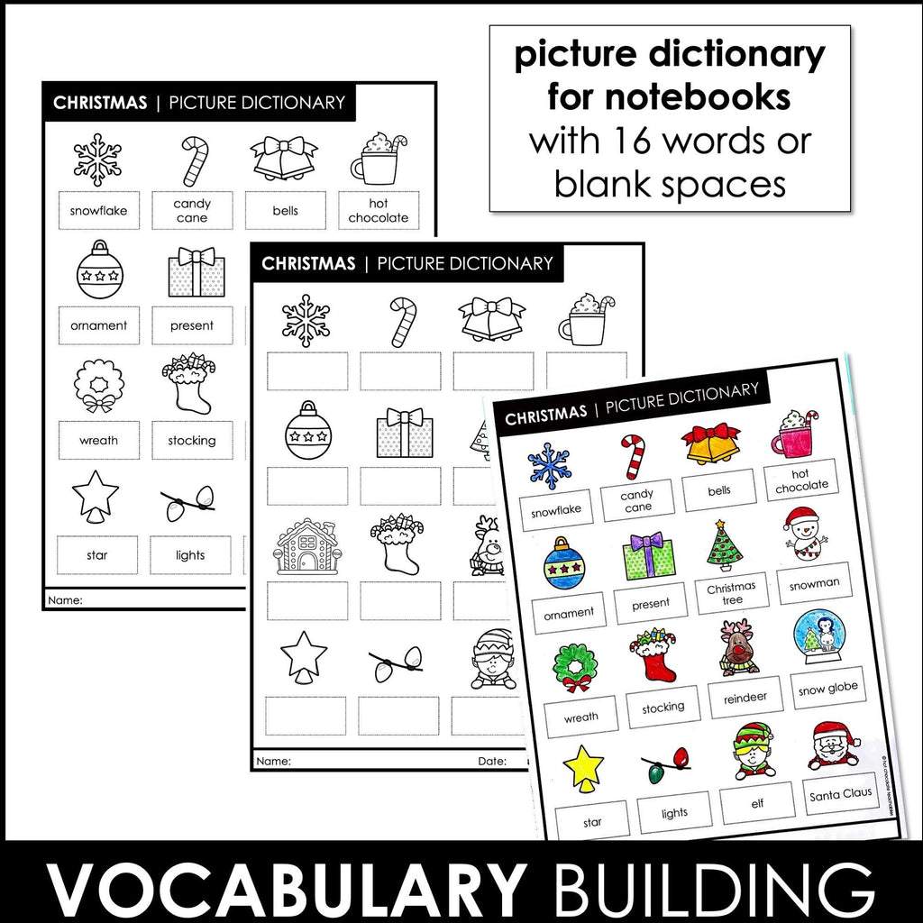 Christmas Vocabulary Worksheet Pack for English language learners - Hot Chocolate Teachables
