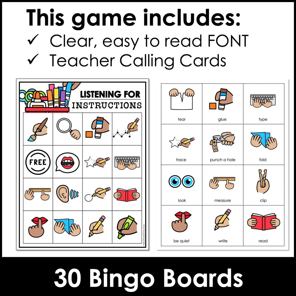 Classroom Instructions ESL Bingo Game for Newcomers + Vocabulary Flashcards - Hot Chocolate Teachables
