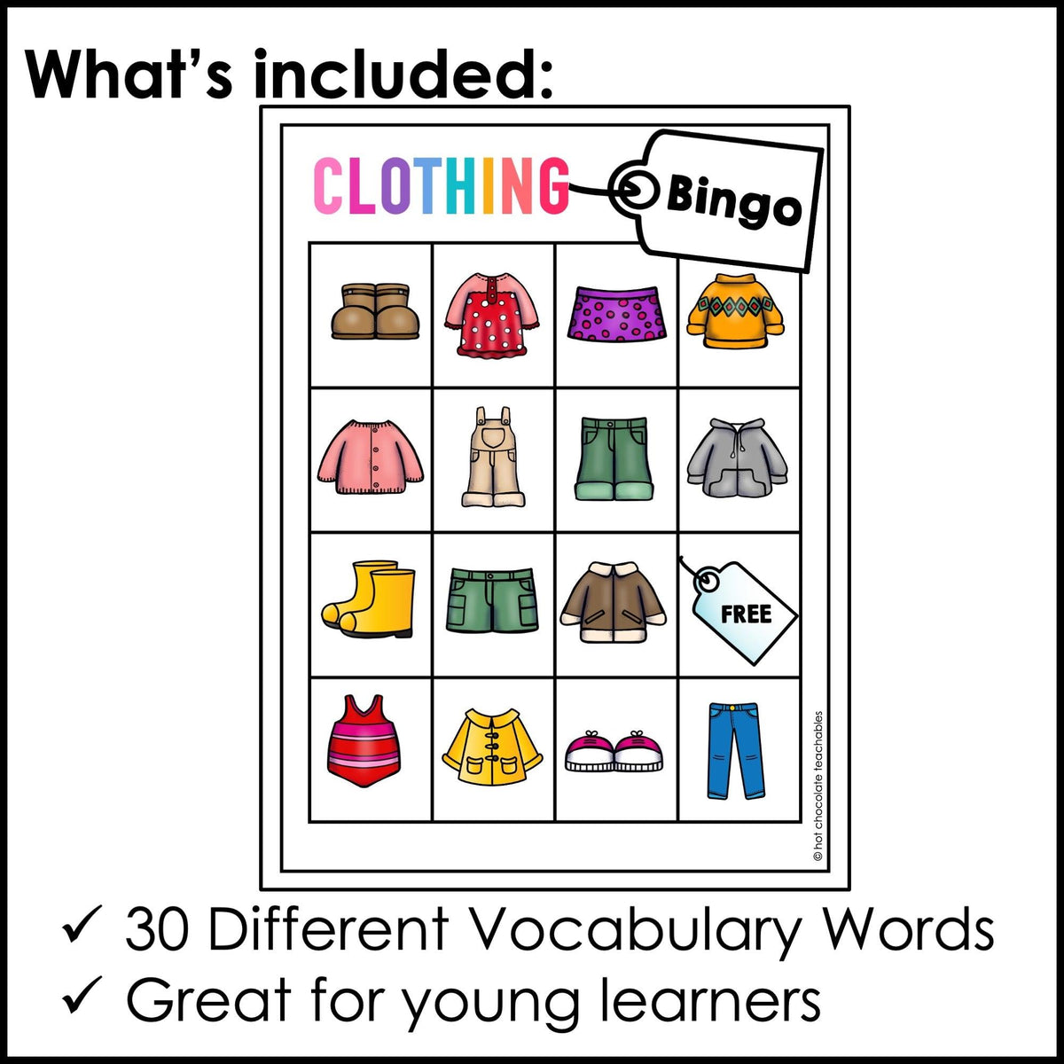 Clothes BINGO Game: Printable Clothing Vocabulary Game Board