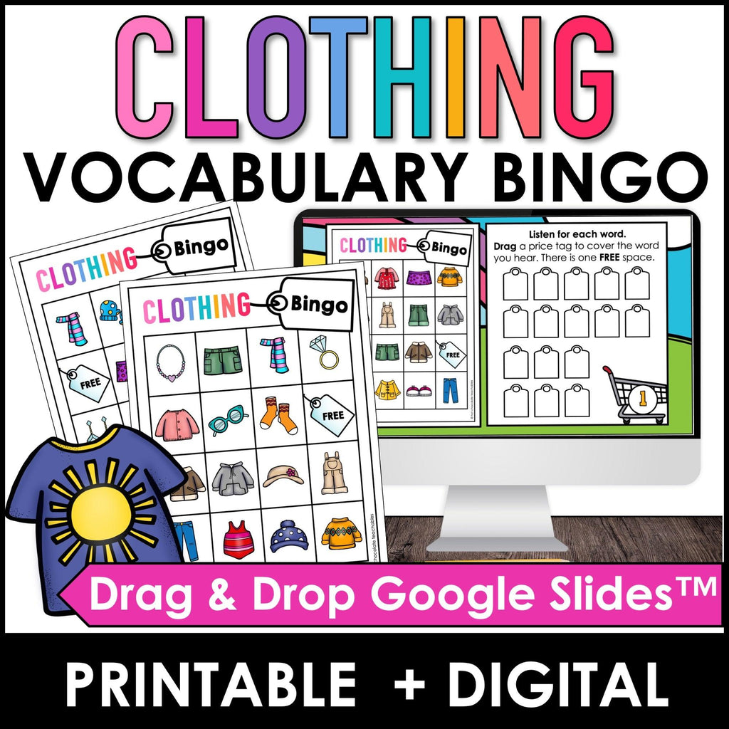 Clothes Vocabulary Building Bingo Game BUNDLE - Print & Digital Versions - Hot Chocolate Teachables