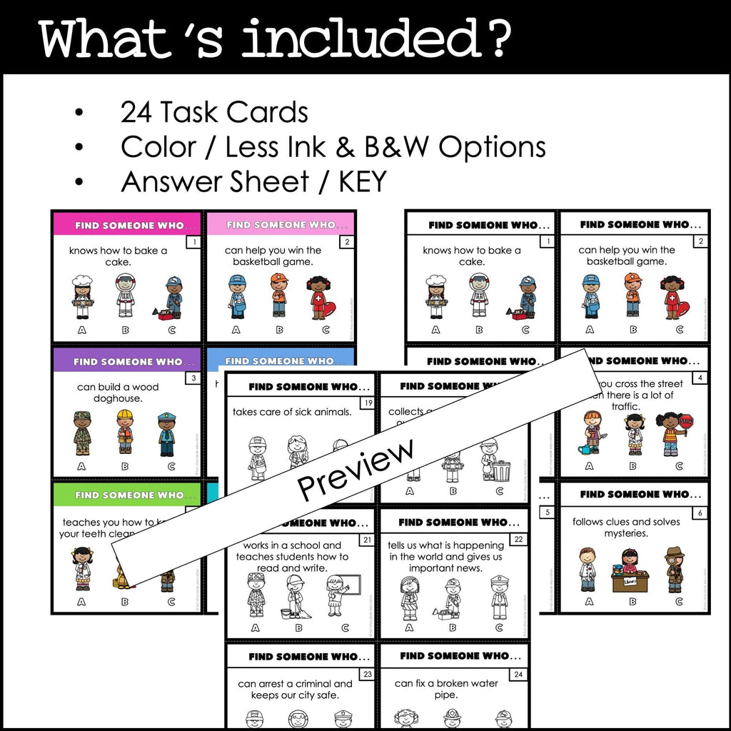 Community Helpers Comprehension Task Cards - Jobs - Hot Chocolate Teachables